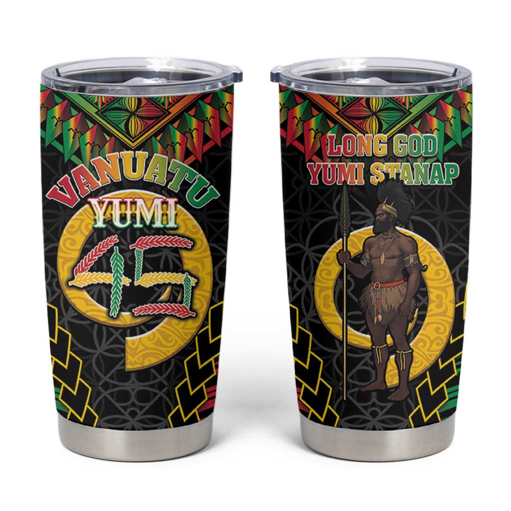 Vanuatu 45th Anniversary Independence Day Tumbler Cup Melanesian Warrior With Sand Drawing Pattern LT05