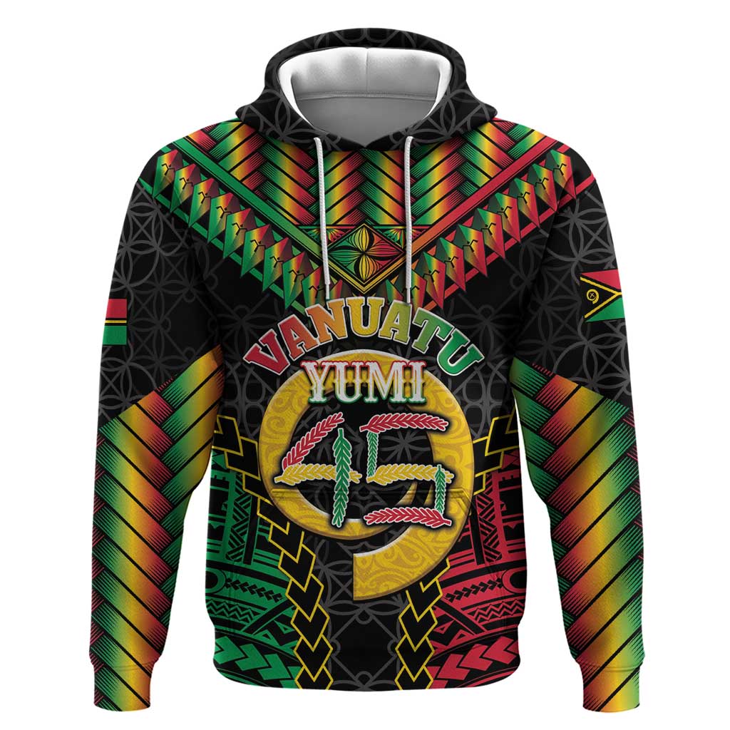 Vanuatu 45th Anniversary Independence Day Zip Hoodie Melanesian Warrior With Sand Drawing Pattern LT05