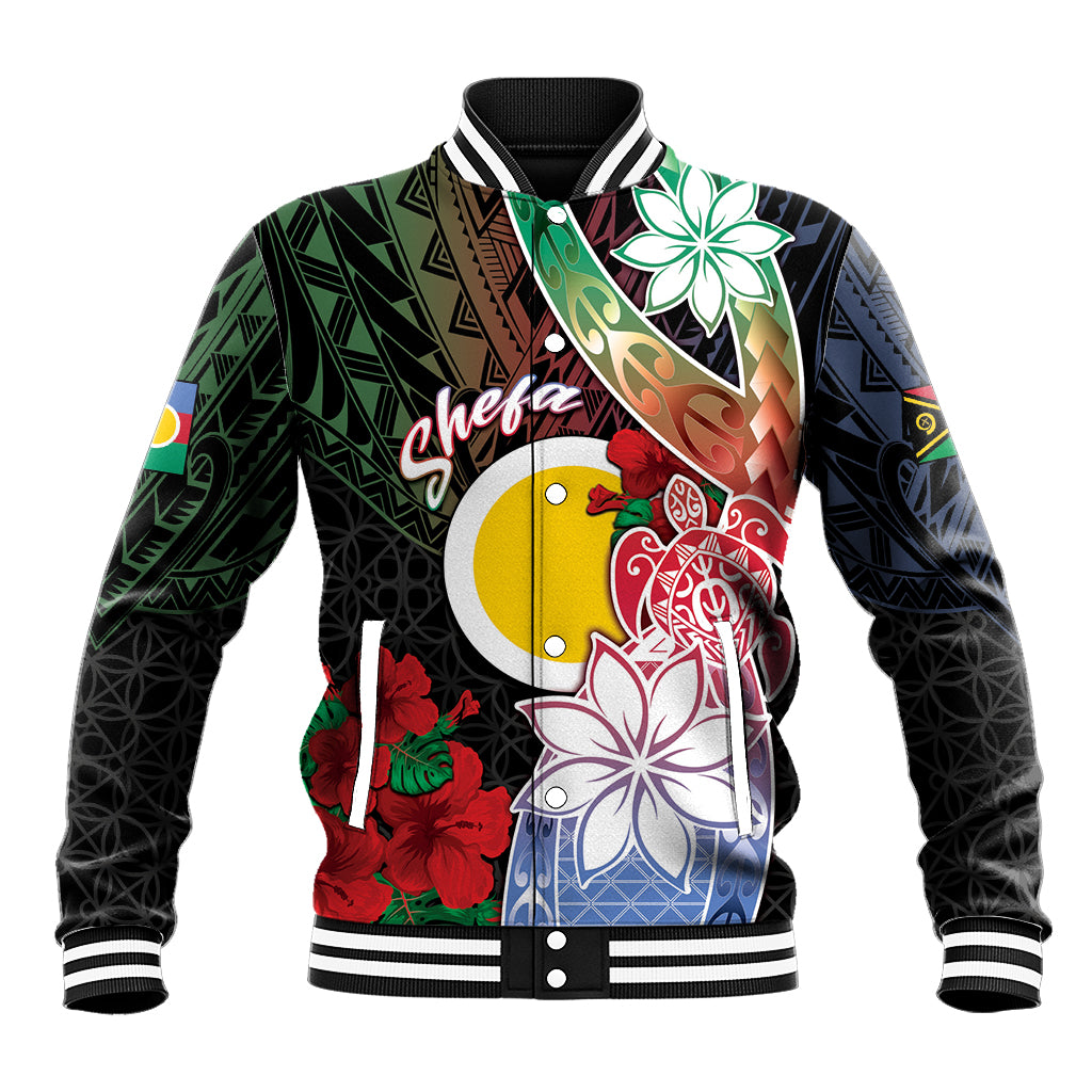 Personalised Vanuatu Shefa Day Baseball Jacket Floral Pattern LT05 Unisex Black - Polynesian Pride