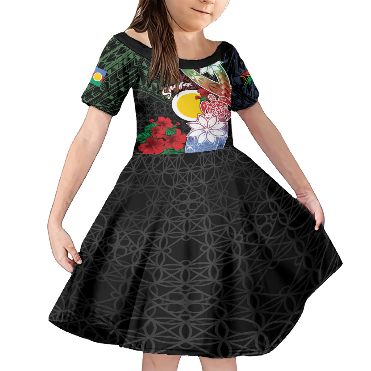 Personalised Vanuatu Shefa Day Family Matching Long Sleeve Bodycon Dress and Hawaiian Shirt Floral Pattern LT05 Daughter's Dress Black - Polynesian Pride