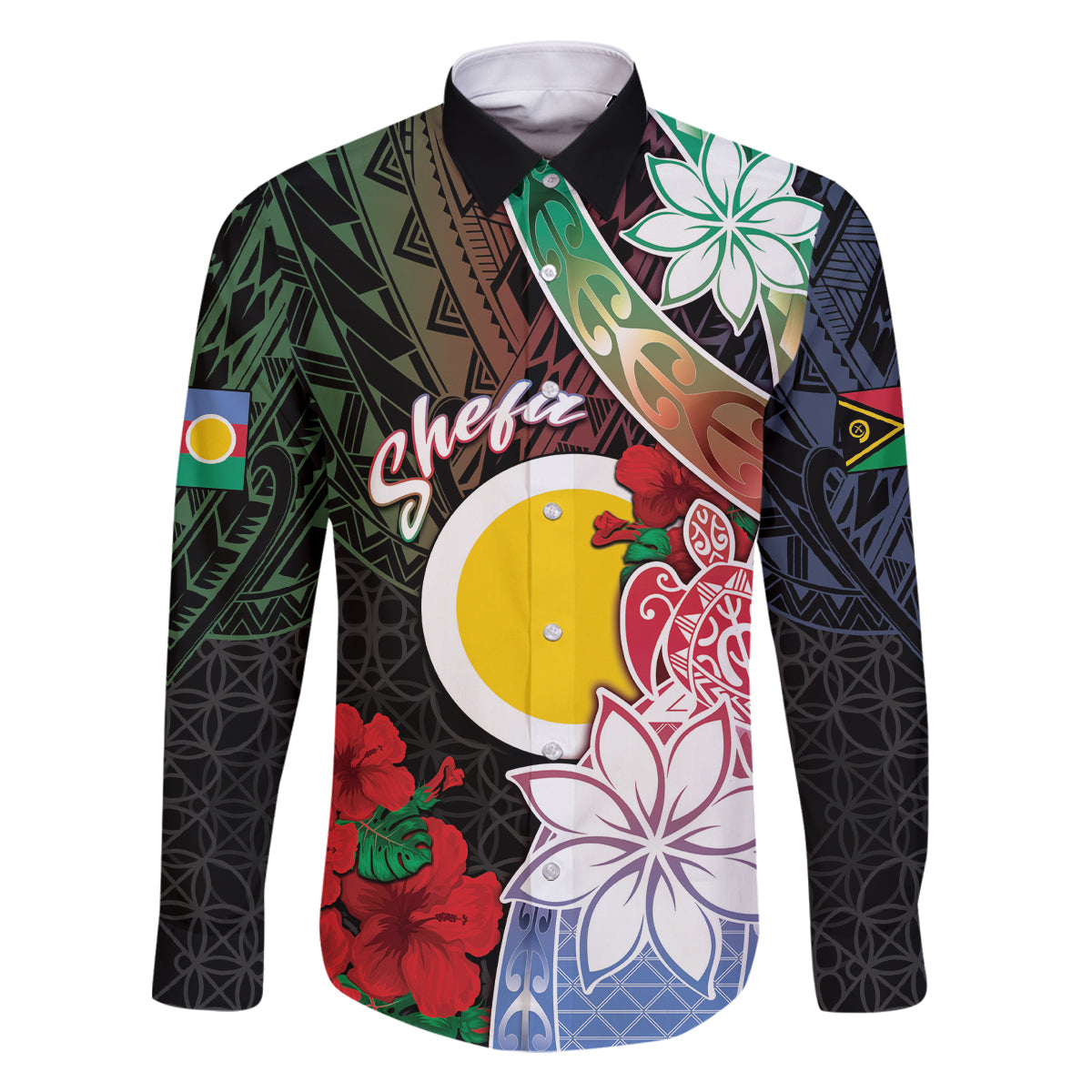 Personalised Vanuatu Shefa Day Family Matching Tank Maxi Dress and Hawaiian Shirt Floral Pattern LT05 Dad's Shirt - Long Sleeve Black - Polynesian Pride