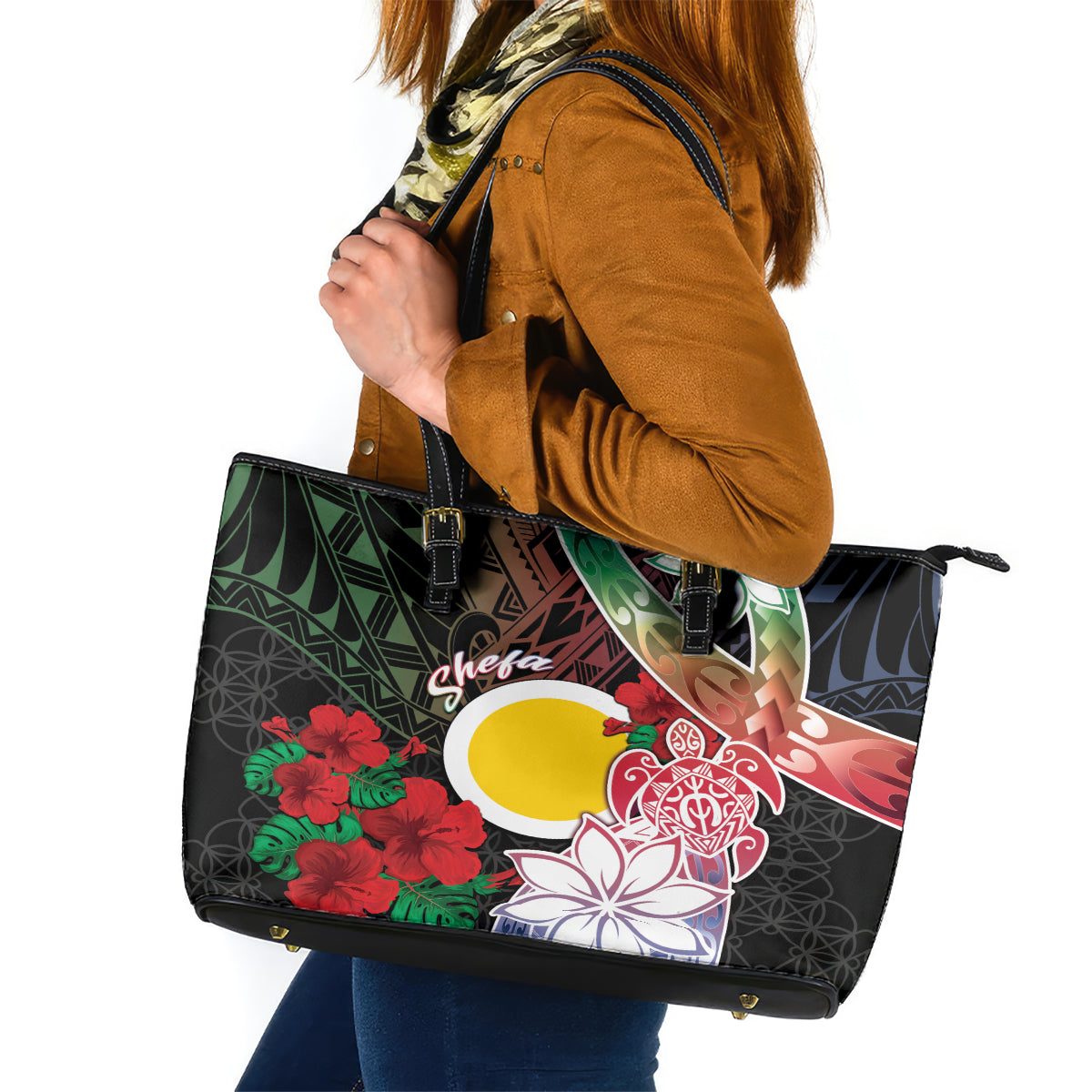 Vanuatu Shefa Day Leather Tote Bag Floral Pattern LT05 Black - Polynesian Pride