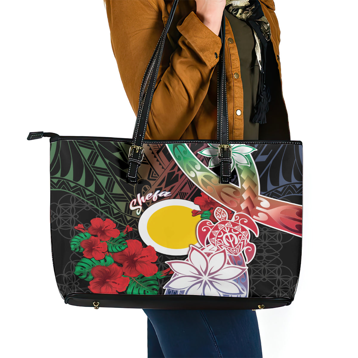Vanuatu Shefa Day Leather Tote Bag Floral Pattern LT05 - Polynesian Pride
