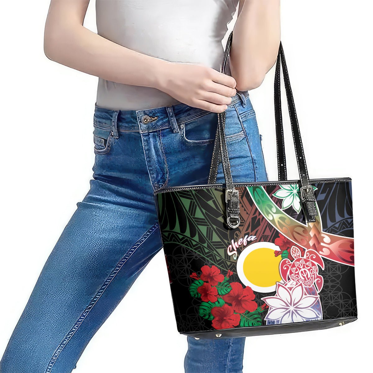 Vanuatu Shefa Day Leather Tote Bag Floral Pattern LT05 - Polynesian Pride