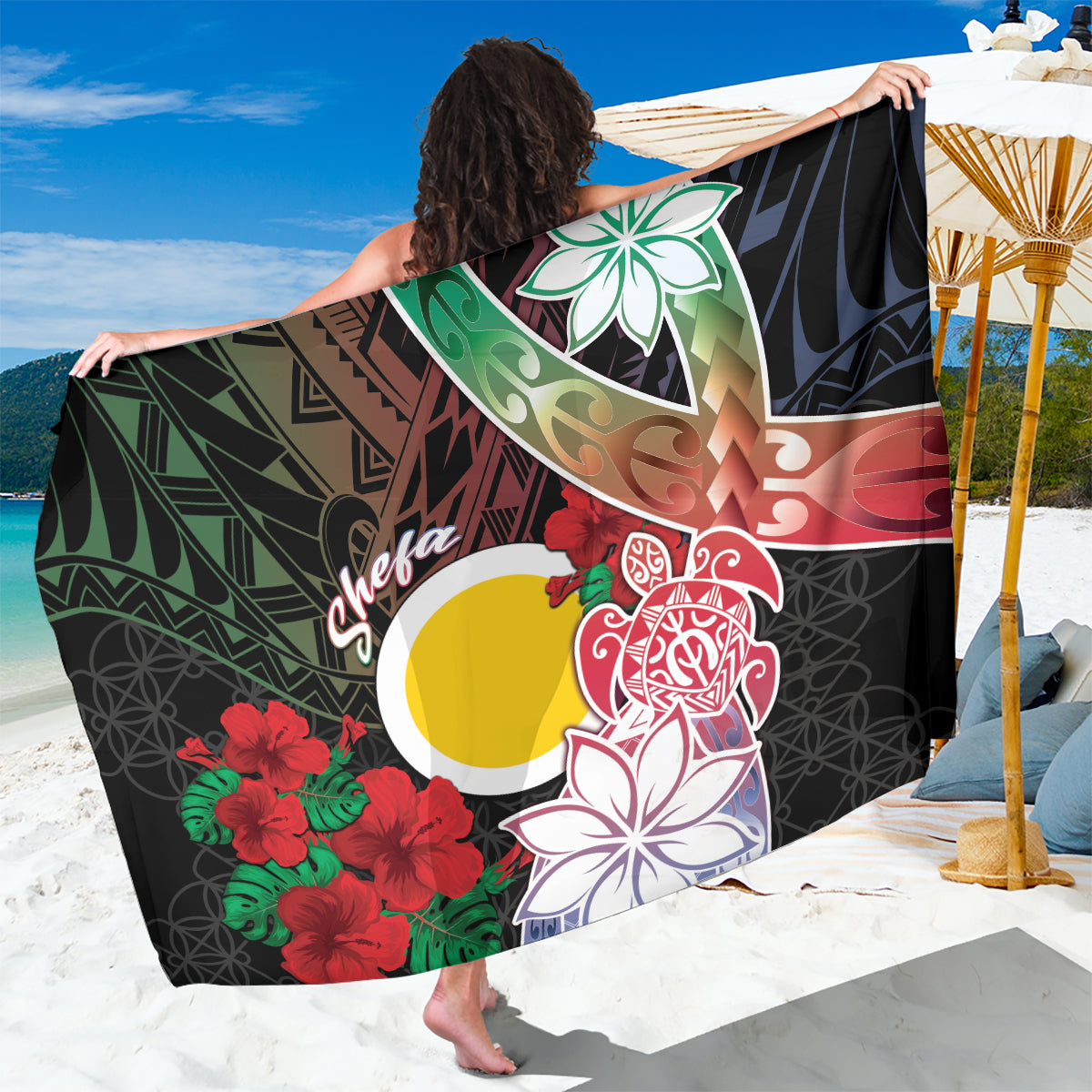 Vanuatu Shefa Day Sarong Floral Pattern LT05 One Size 44 x 66 inches Black - Polynesian Pride
