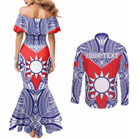 Personalised Taiwan Couples Matching Mermaid Dress and Long Sleeve Button Shirt Austronesian Tribal Tattoo Red - Polynesian Pride