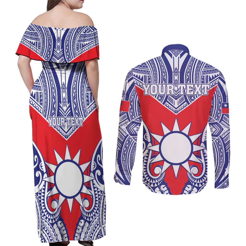Personalised Taiwan Couples Matching Off Shoulder Maxi Dress and Long Sleeve Button Shirt Austronesian Tribal Tattoo Red - Polynesian Pride