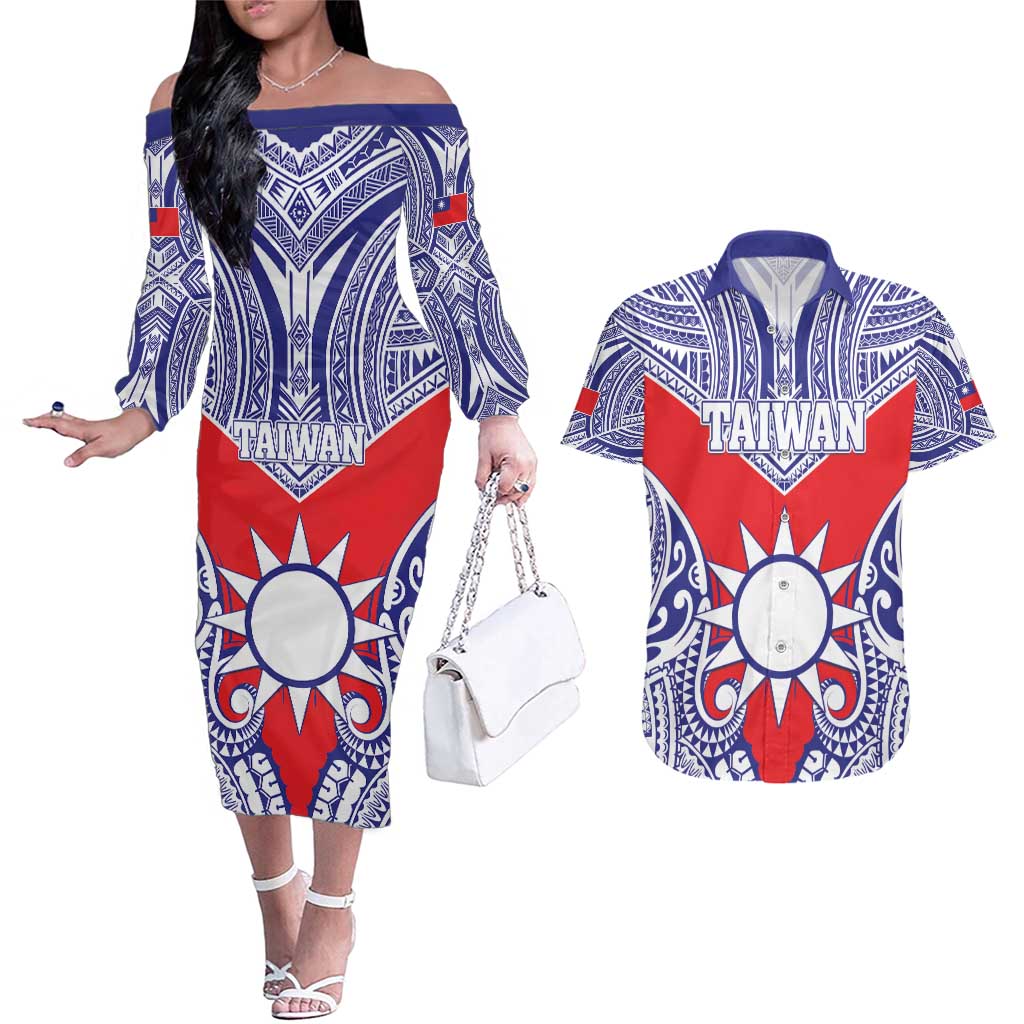Personalised Taiwan Couples Matching Off The Shoulder Long Sleeve Dress and Hawaiian Shirt Austronesian Tribal Tattoo Red - Polynesian Pride