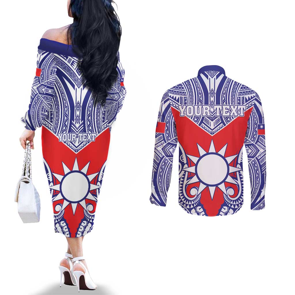 Personalised Taiwan Couples Matching Off The Shoulder Long Sleeve Dress and Long Sleeve Button Shirt Austronesian Tribal Tattoo Red LT05 - Polynesian Pride