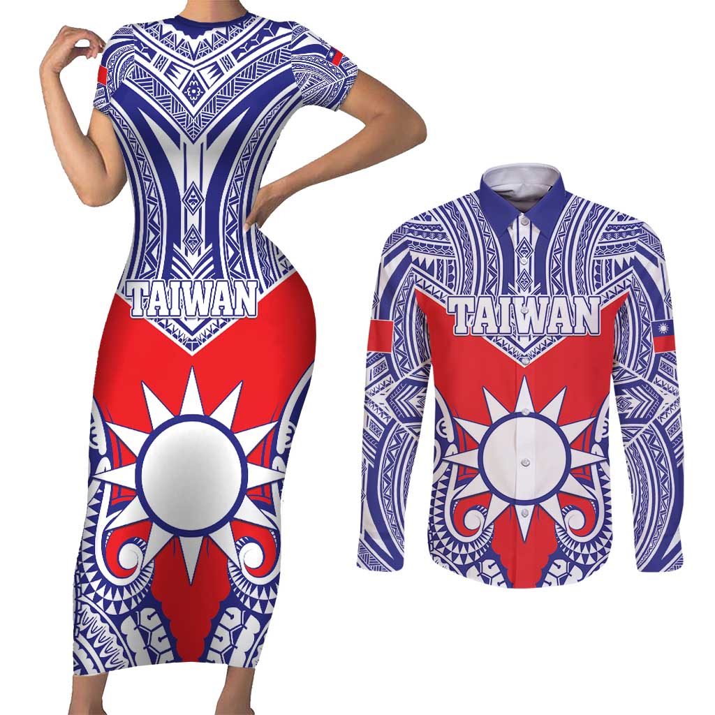Personalised Taiwan Couples Matching Short Sleeve Bodycon Dress and Long Sleeve Button Shirt Austronesian Tribal Tattoo Red LT05 Red - Polynesian Pride