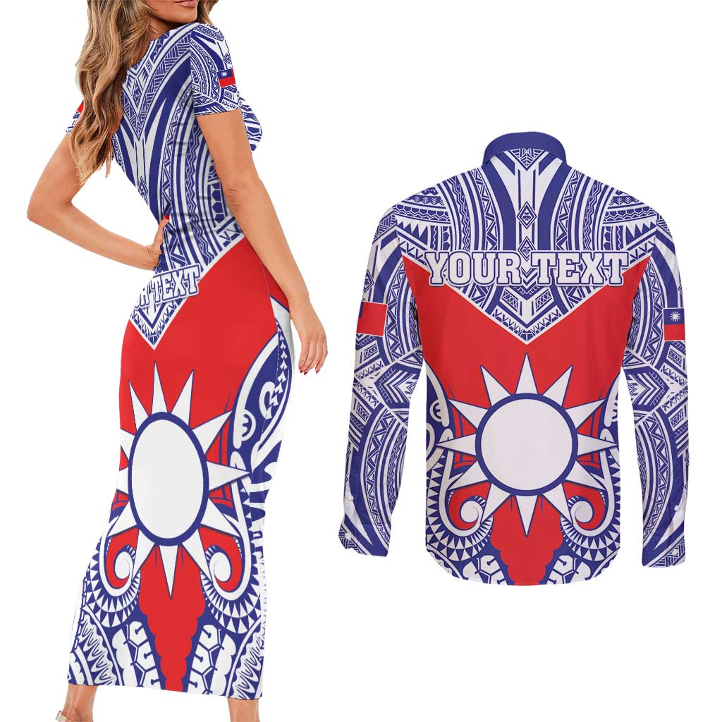 Personalised Taiwan Couples Matching Short Sleeve Bodycon Dress and Long Sleeve Button Shirt Austronesian Tribal Tattoo Red LT05 - Polynesian Pride