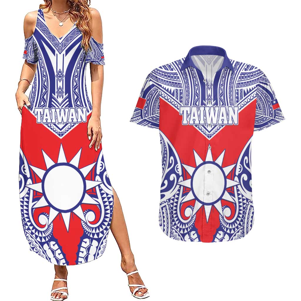 Personalised Taiwan Couples Matching Summer Maxi Dress and Hawaiian Shirt Austronesian Tribal Tattoo Red - Polynesian Pride