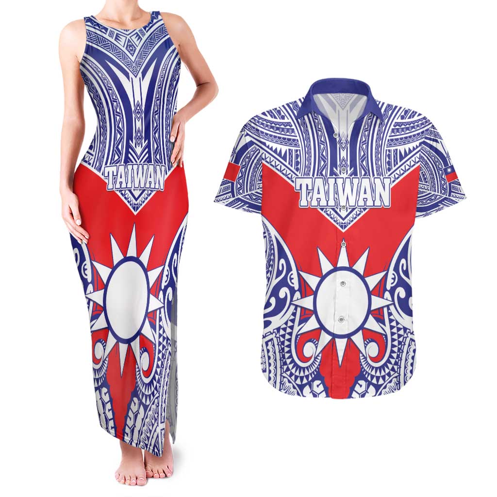 Personalised Taiwan Couples Matching Tank Maxi Dress and Hawaiian Shirt Austronesian Tribal Tattoo Red - Polynesian Pride