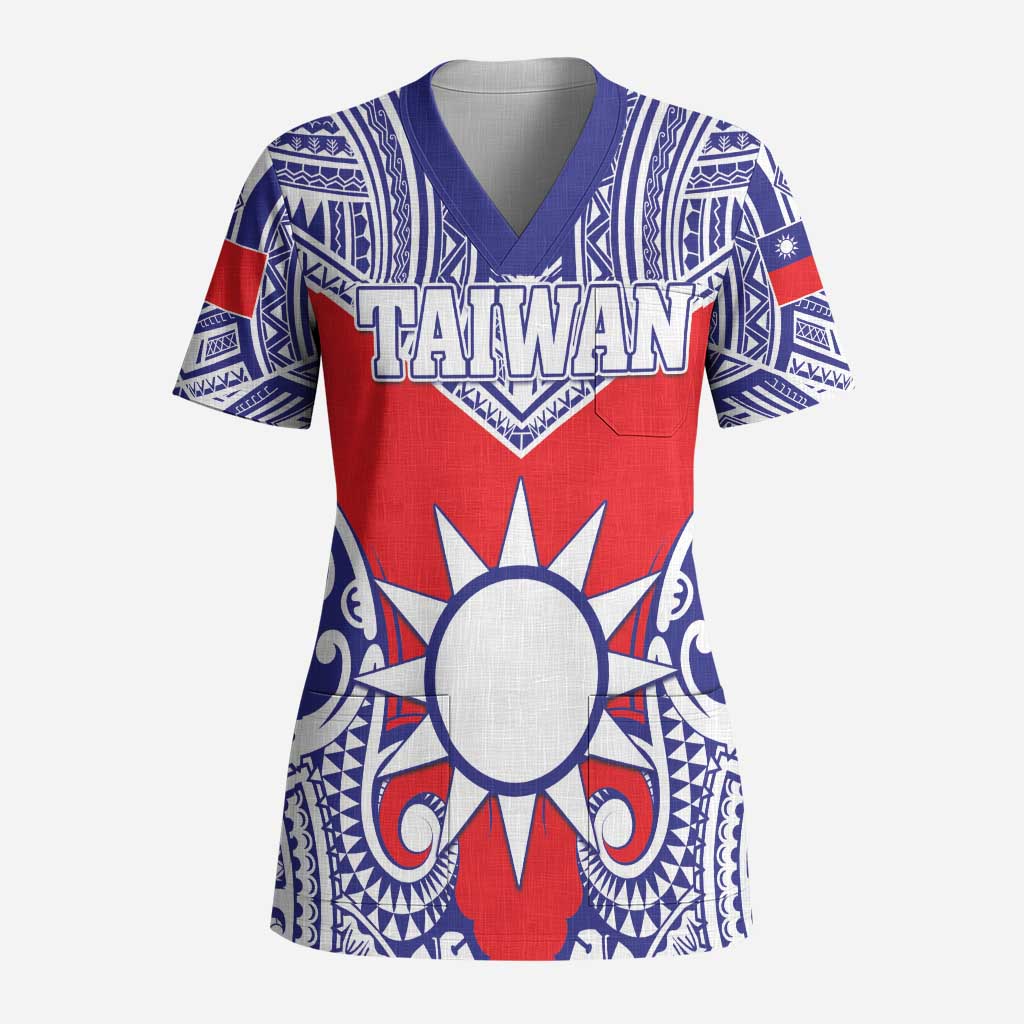 Personalised Taiwan Scrub Top Austronesian Tribal Tattoo Red - Polynesian Pride