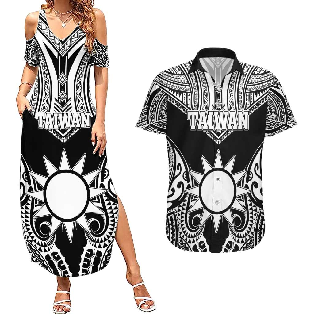 Personalised Taiwan Couples Matching Summer Maxi Dress and Hawaiian Shirt Austronesian Tribal Tattoo Black - Polynesian Pride
