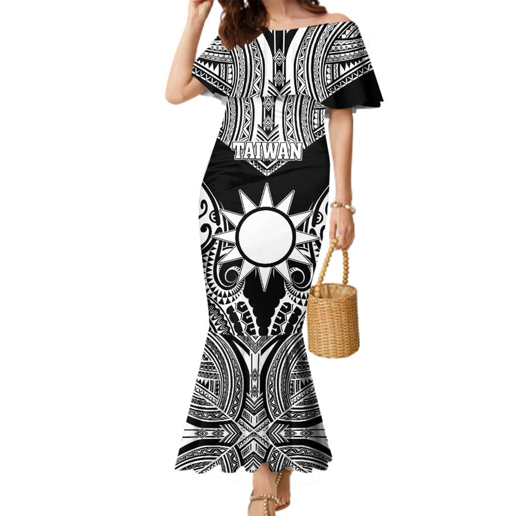 Personalised Taiwan Family Matching Mermaid Dress and Hawaiian Shirt Austronesian Tribal Tattoo Black - Polynesian Pride