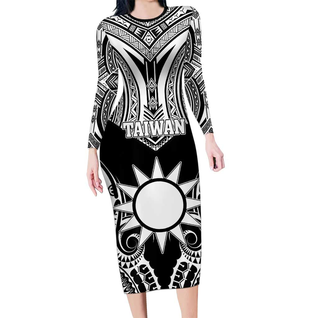 Personalised Taiwan Long Sleeve Bodycon Dress Austronesian Tribal Tattoo Black - Polynesian Pride