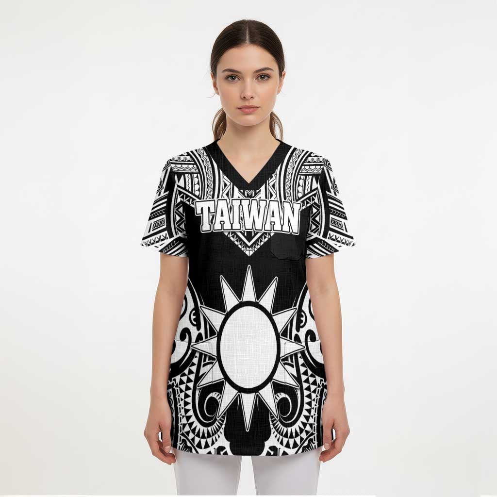 Personalised Taiwan Scrub Top Austronesian Tribal Tattoo Black - Polynesian Pride