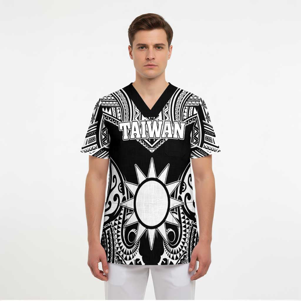 Personalised Taiwan Scrub Top Austronesian Tribal Tattoo Black - Polynesian Pride