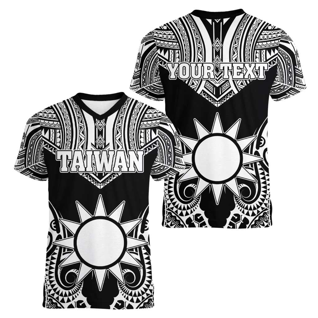 Personalised Taiwan Women V-Neck T-Shirt Austronesian Tribal Tattoo Black - Polynesian Pride