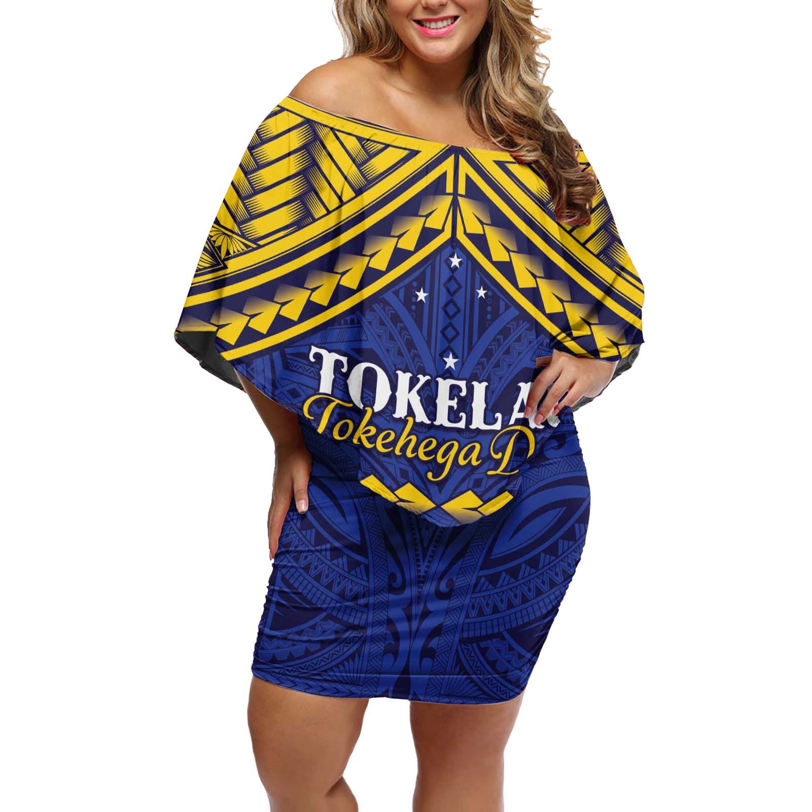 Personalised Tokelau Happy Tokehega Day Off Shoulder Short Dress Polynesian Tribal Tattoo