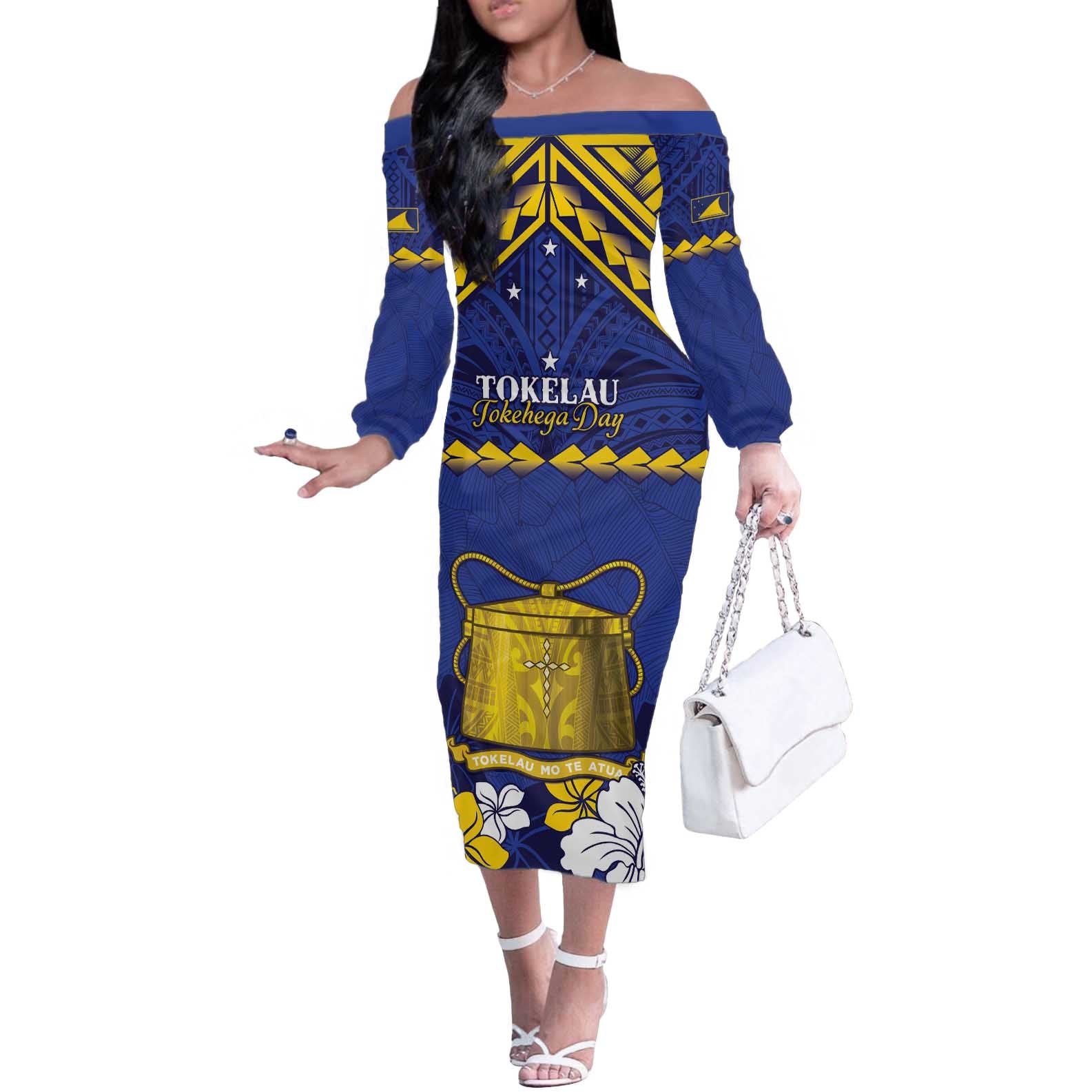 Personalised Tokelau Happy Tokehega Day Off The Shoulder Long Sleeve Dress Polynesian Tribal Tattoo