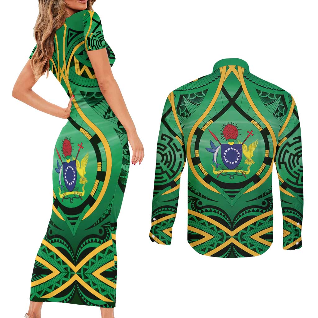 Cook Islands Constitution Day Couples Matching Short Sleeve Bodycon Dress and Long Sleeve Button Shirt 60th Anniversary - Polynesian Pride