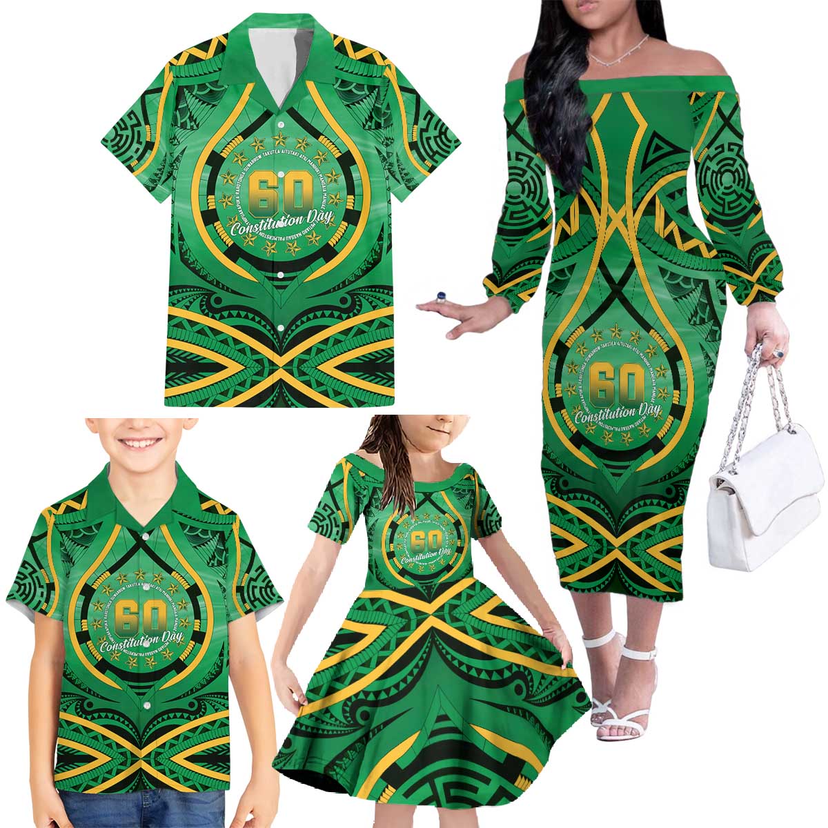 Cook Islands Constitution Day Family Matching Off The Shoulder Long Sleeve Dress and Hawaiian Shirt 60th Anniversary - Polynesian Pride