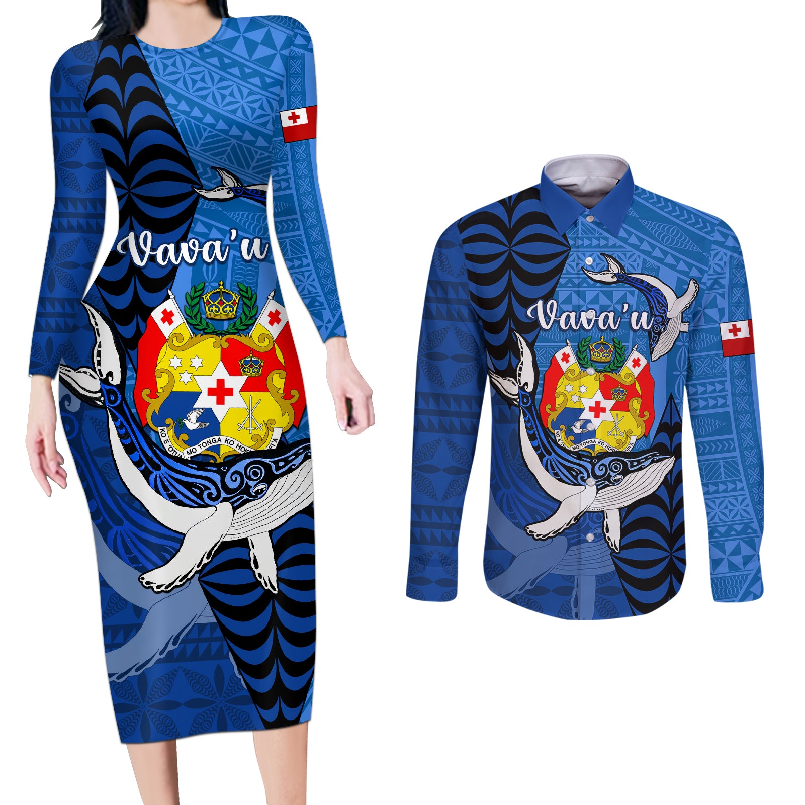 Personalized Tonga Vavau Couples Matching Long Sleeve Bodycon Dress and Long Sleeve Button Shirts Humpback Whale Coat Of Arms With Ngatu Pattern LT05 Blue - Polynesian Pride