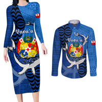 Personalized Tonga Vavau Couples Matching Long Sleeve Bodycon Dress and Long Sleeve Button Shirts Humpback Whale Coat Of Arms With Ngatu Pattern LT05 Blue - Polynesian Pride