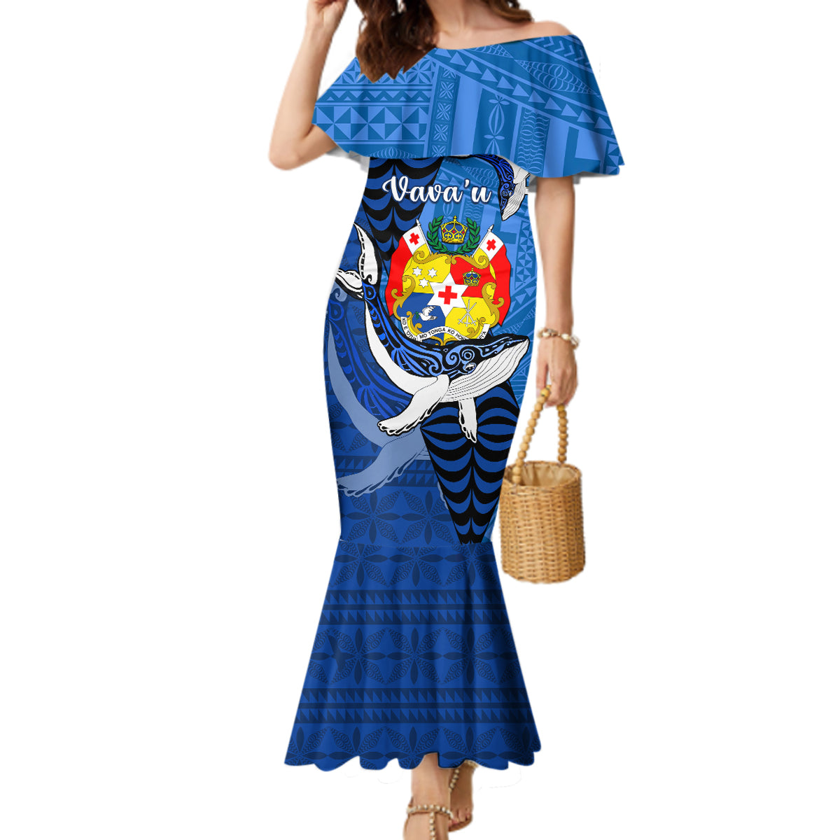 Personalized Tonga Vavau Mermaid Dress Humpback Whale Coat Of Arms With Ngatu Pattern LT05 Women Blue - Polynesian Pride