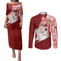 Personalized Tonga Niuas Couples Matching Puletasi Dress and Long Sleeve Button Shirts White Tailed Tropicbird With Ngatu Pattern LT05 Red - Polynesian Pride