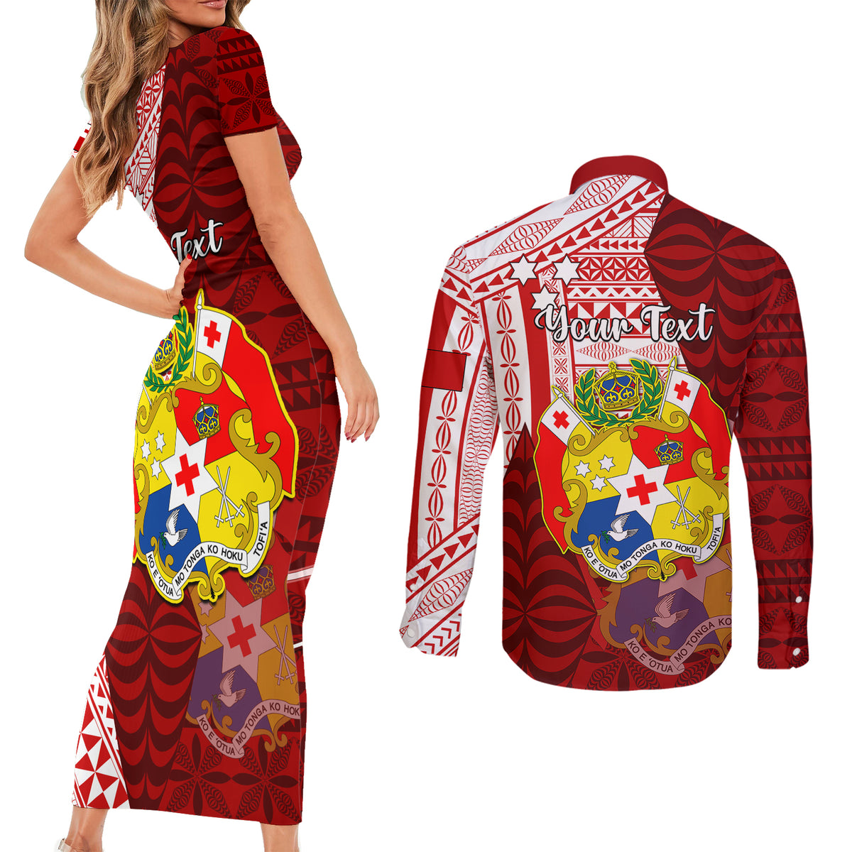 Personalized Tonga Niuas Couples Matching Short Sleeve Bodycon Dress and Long Sleeve Button Shirts White Tailed Tropicbird With Ngatu Pattern LT05 - Polynesian Pride