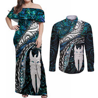 New Zealand Aotearoa Couples Matching Off Shoulder Maxi Dress and Long Sleeve Button Shirt Maori Hei Rehua Paua Shell Glitter Green LT05 Green - Polynesian Pride
