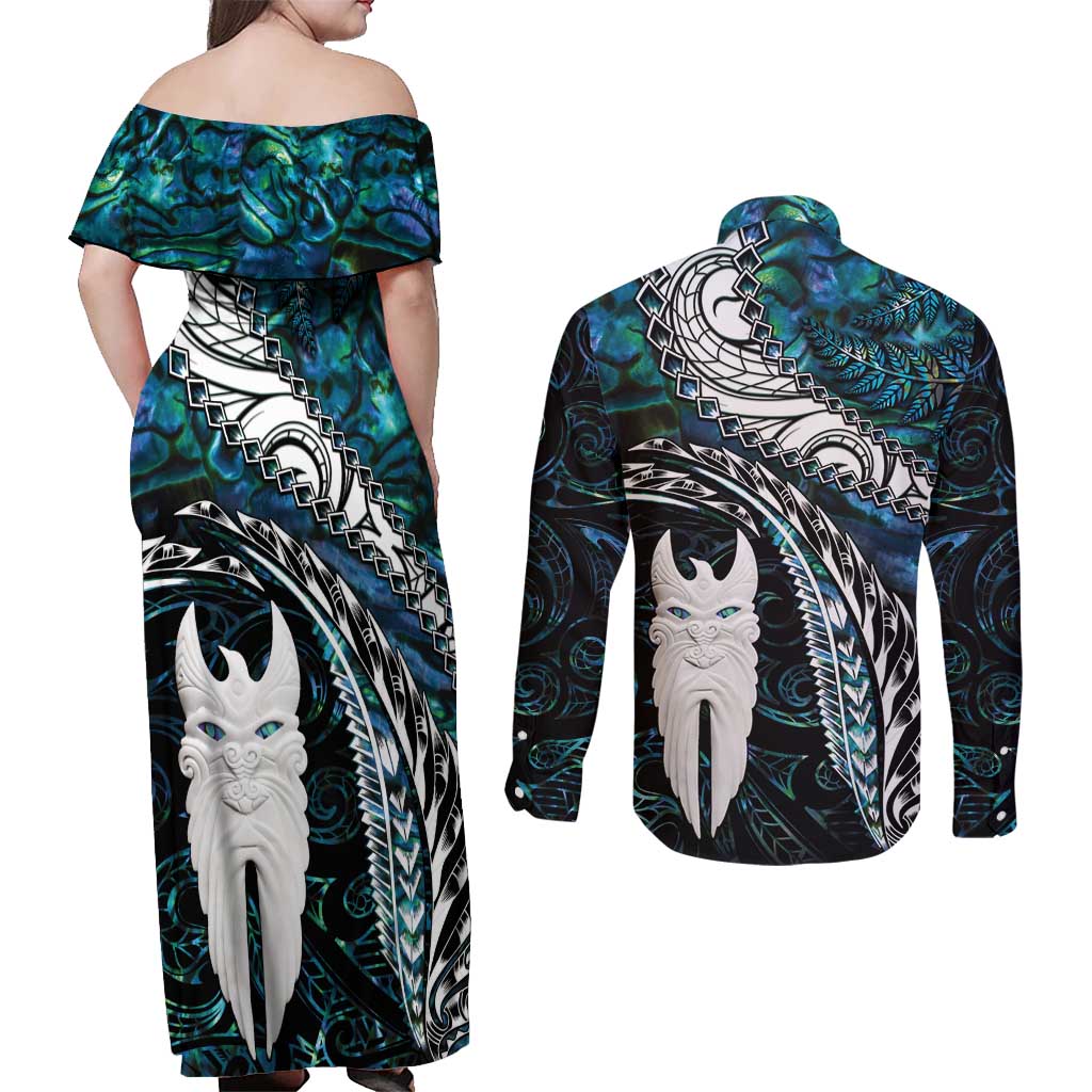 New Zealand Aotearoa Couples Matching Off Shoulder Maxi Dress and Long Sleeve Button Shirt Maori Hei Rehua Paua Shell Glitter Green LT05 - Polynesian Pride