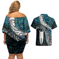 New Zealand Aotearoa Couples Matching Off Shoulder Short Dress and Hawaiian Shirt Maori Hei Rehua Paua Shell Glitter Green LT05 - Polynesian Pride