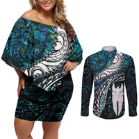 New Zealand Aotearoa Couples Matching Off Shoulder Short Dress and Long Sleeve Button Shirt Maori Hei Rehua Paua Shell Glitter Green LT05 Green - Polynesian Pride