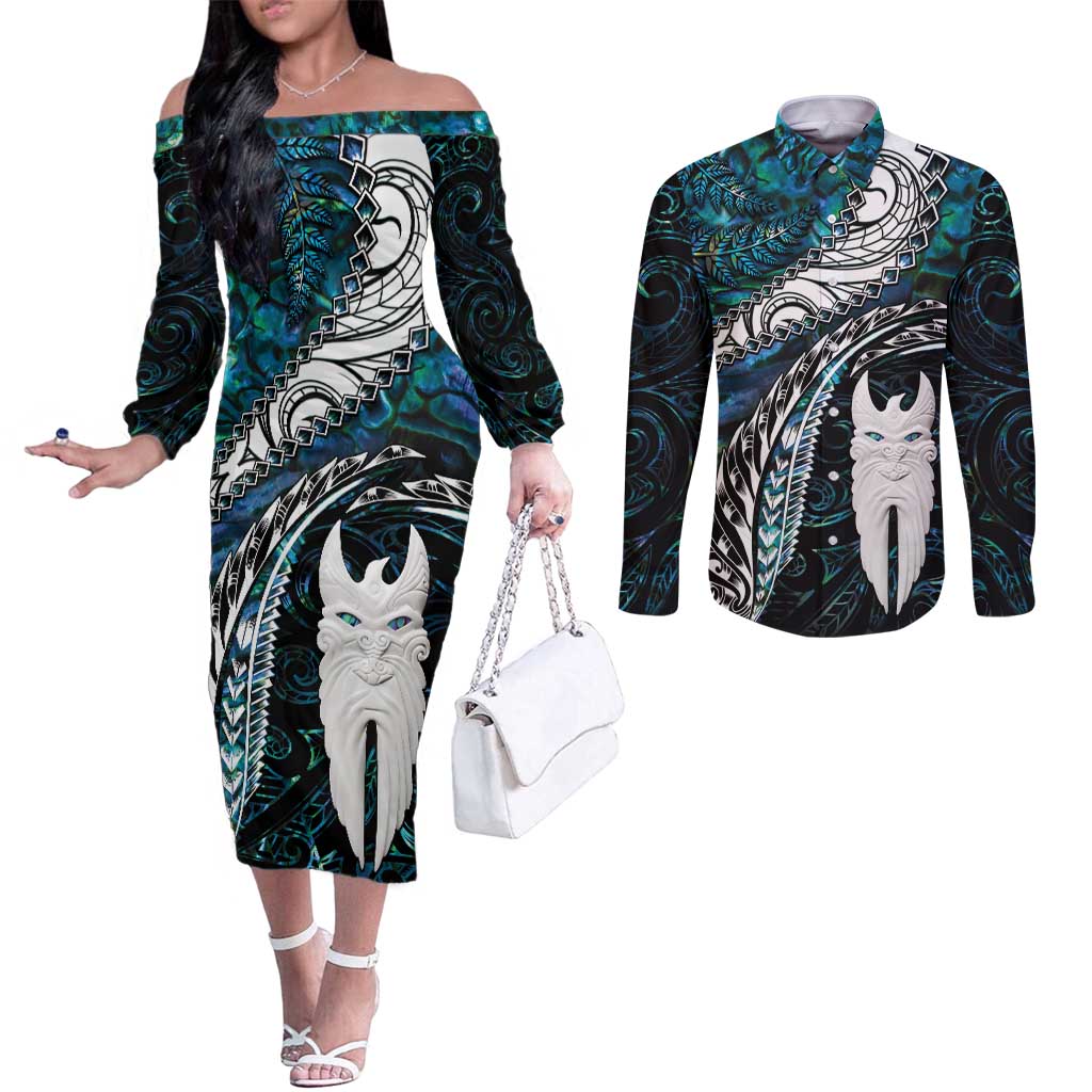 New Zealand Aotearoa Couples Matching Off The Shoulder Long Sleeve Dress and Long Sleeve Button Shirt Maori Hei Rehua Paua Shell Glitter Green LT05 Green - Polynesian Pride
