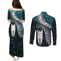 New Zealand Aotearoa Couples Matching Puletasi and Long Sleeve Button Shirt Maori Hei Rehua Paua Shell Glitter Green