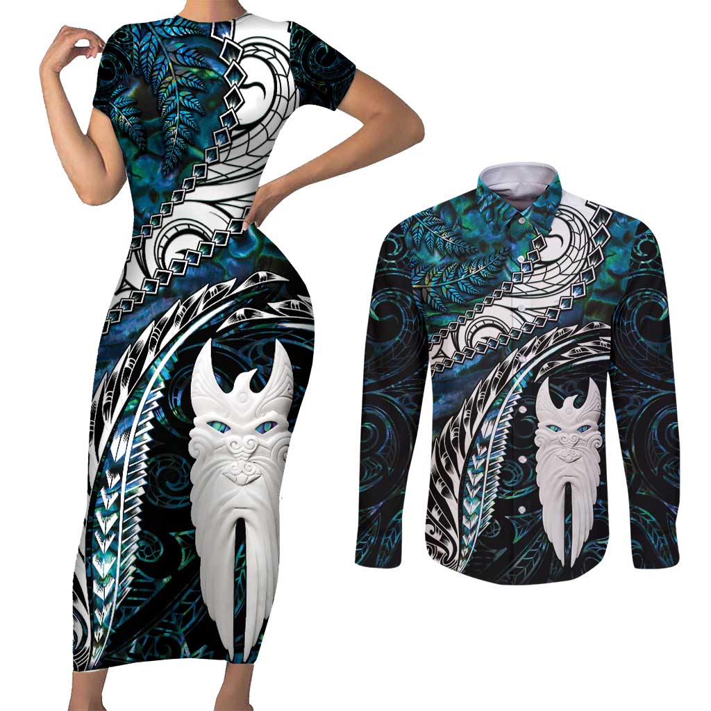 New Zealand Aotearoa Couples Matching Short Sleeve Bodycon Dress and Long Sleeve Button Shirt Maori Hei Rehua Paua Shell Glitter Green LT05 Green - Polynesian Pride