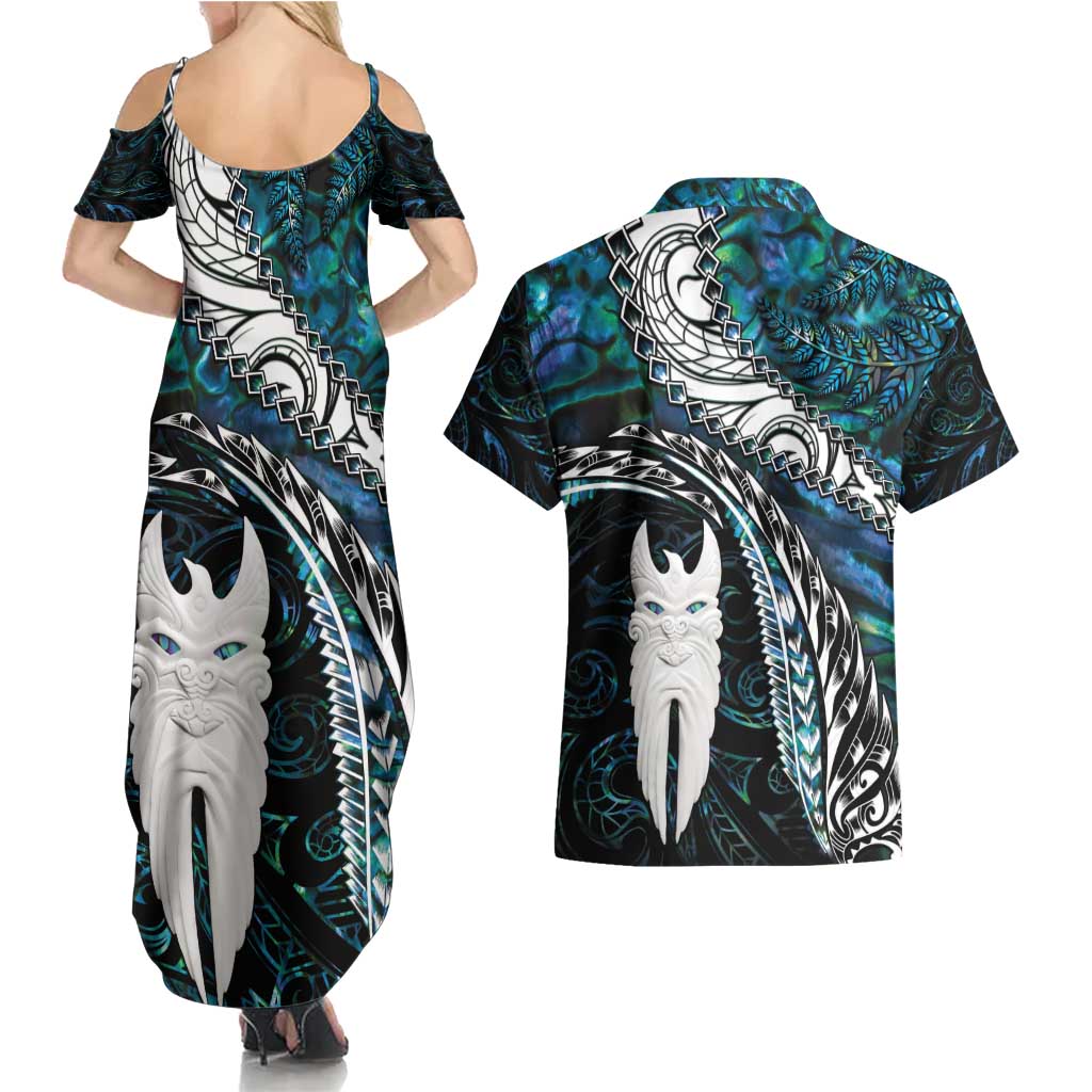 New Zealand Aotearoa Couples Matching Summer Maxi Dress and Hawaiian Shirt Maori Hei Rehua Paua Shell Glitter Green LT05 - Polynesian Pride