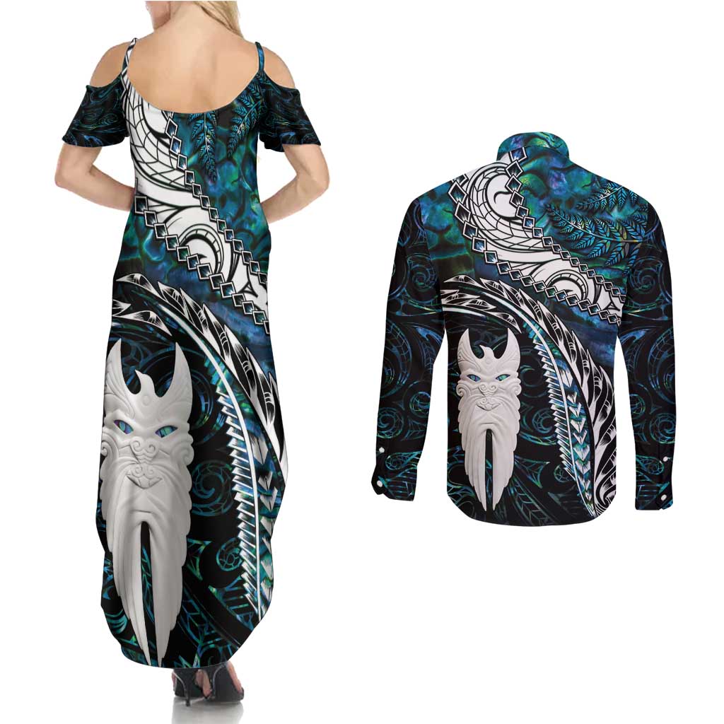 New Zealand Aotearoa Couples Matching Summer Maxi Dress and Long Sleeve Button Shirt Maori Hei Rehua Paua Shell Glitter Green