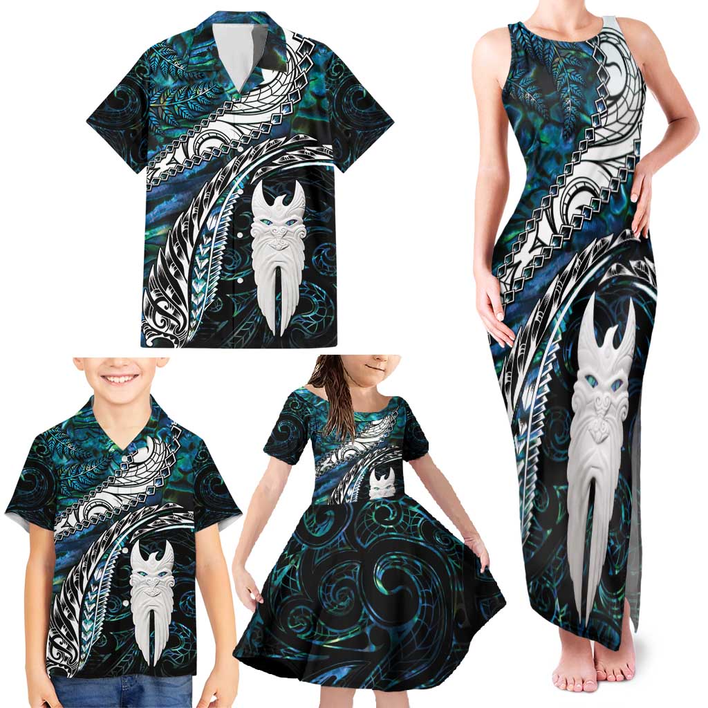New Zealand Aotearoa Family Matching Tank Maxi Dress and Hawaiian Shirt Maori Hei Rehua Paua Shell Glitter Green LT05 - Polynesian Pride