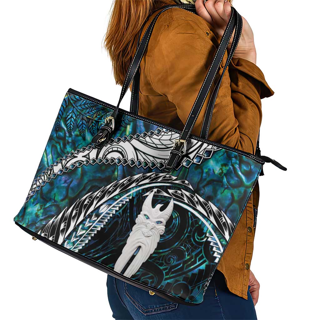 New Zealand Aotearoa Leather Tote Bag Maori Hei Rehua Paua Shell Glitter Green LT05 - Polynesian Pride