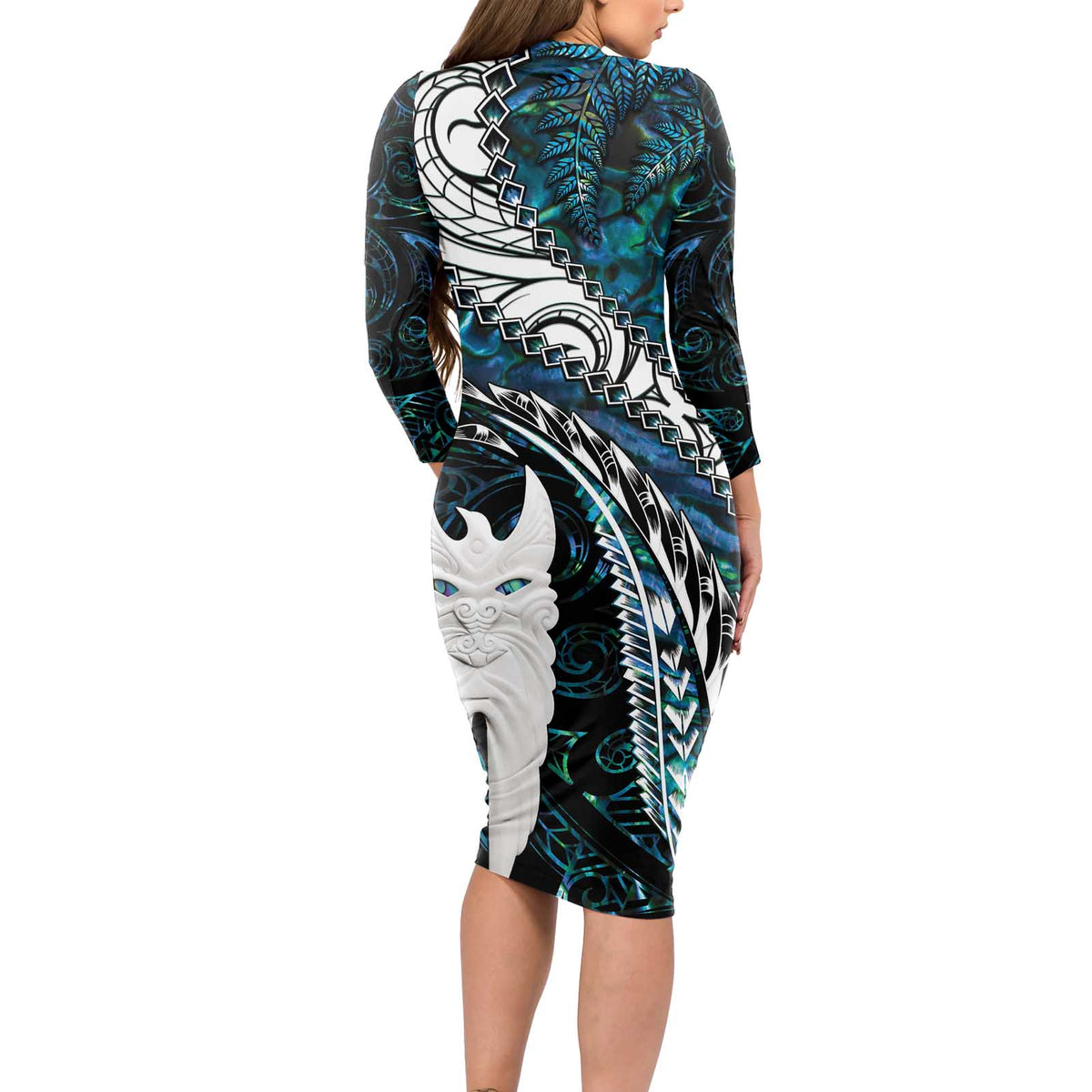 New Zealand Aotearoa Long Sleeve Bodycon Dress Maori Hei Rehua Paua Shell Glitter Green
