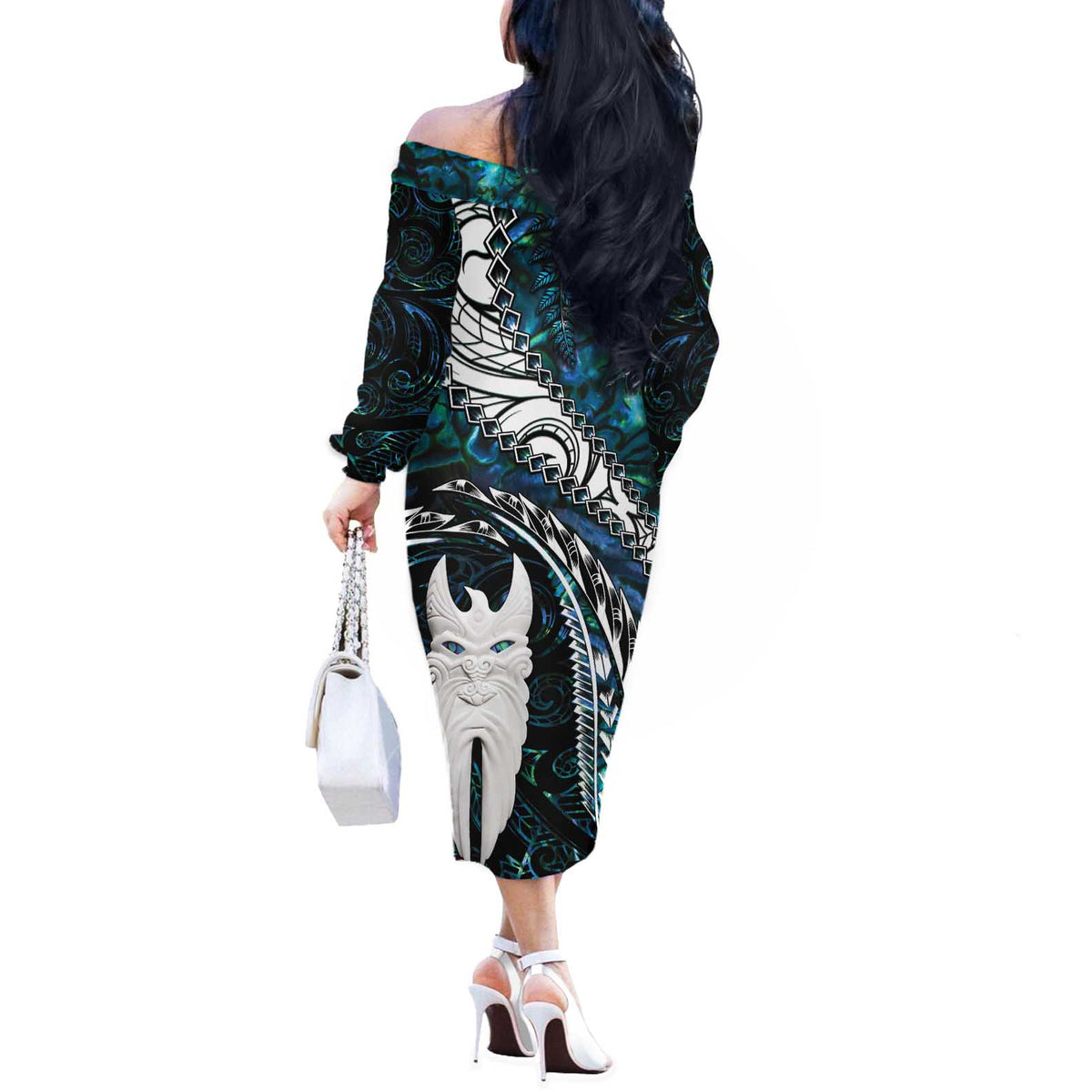 New Zealand Aotearoa Off The Shoulder Long Sleeve Dress Maori Hei Rehua Paua Shell Glitter Green