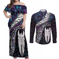 New Zealand Aotearoa Couples Matching Off Shoulder Maxi Dress and Long Sleeve Button Shirt Maori Hei Rehua Paua Shell Glitter Purple LT05 Purple - Polynesian Pride