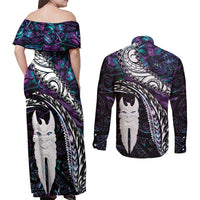 New Zealand Aotearoa Couples Matching Off Shoulder Maxi Dress and Long Sleeve Button Shirt Maori Hei Rehua Paua Shell Glitter Purple LT05 - Polynesian Pride