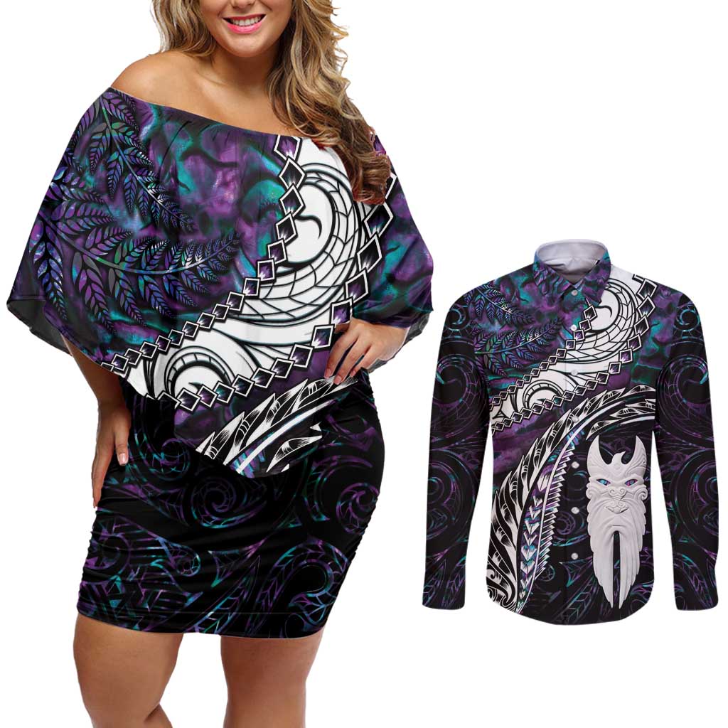 New Zealand Aotearoa Couples Matching Off Shoulder Short Dress and Long Sleeve Button Shirt Maori Hei Rehua Paua Shell Glitter Purple LT05 Purple - Polynesian Pride