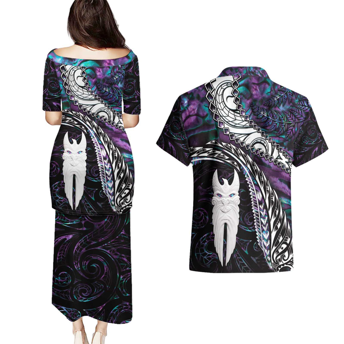 New Zealand Aotearoa Couples Matching Puletasi and Hawaiian Shirt Maori Hei Rehua Paua Shell Glitter Purple LT05 - Polynesian Pride